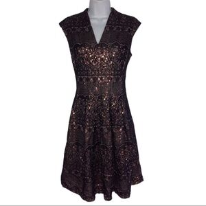 Chetta B Black Lace Rose Gold Sequin Sleeveless V neck Dress 8 *